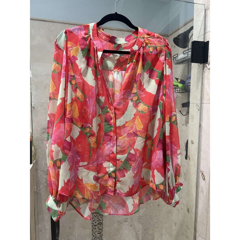 Chicos Size 3 Tunic Blouse Sheer Tropical Pink Red Balloon Sleeve Top